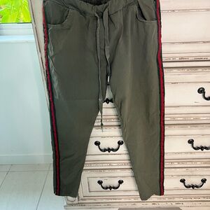 Women’s Olive Green Track Pants with Red Stripe